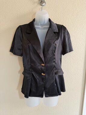 Black Short-Sleeve Satin Blazer with Bow Buttons